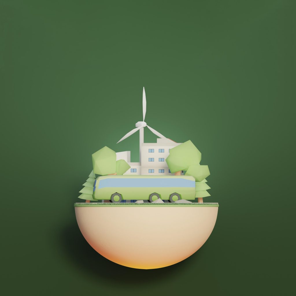 A 3D-rendered eco-friendly city model featuring a wind turbine, green buildings, trees, and a sustainable bus, symbolizing renewable energy and urban sustainability.