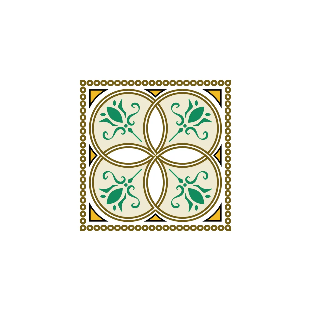 Green floral stencil pattern with four circular designs, bordered with a beaded frame, perfect for decorative painting.