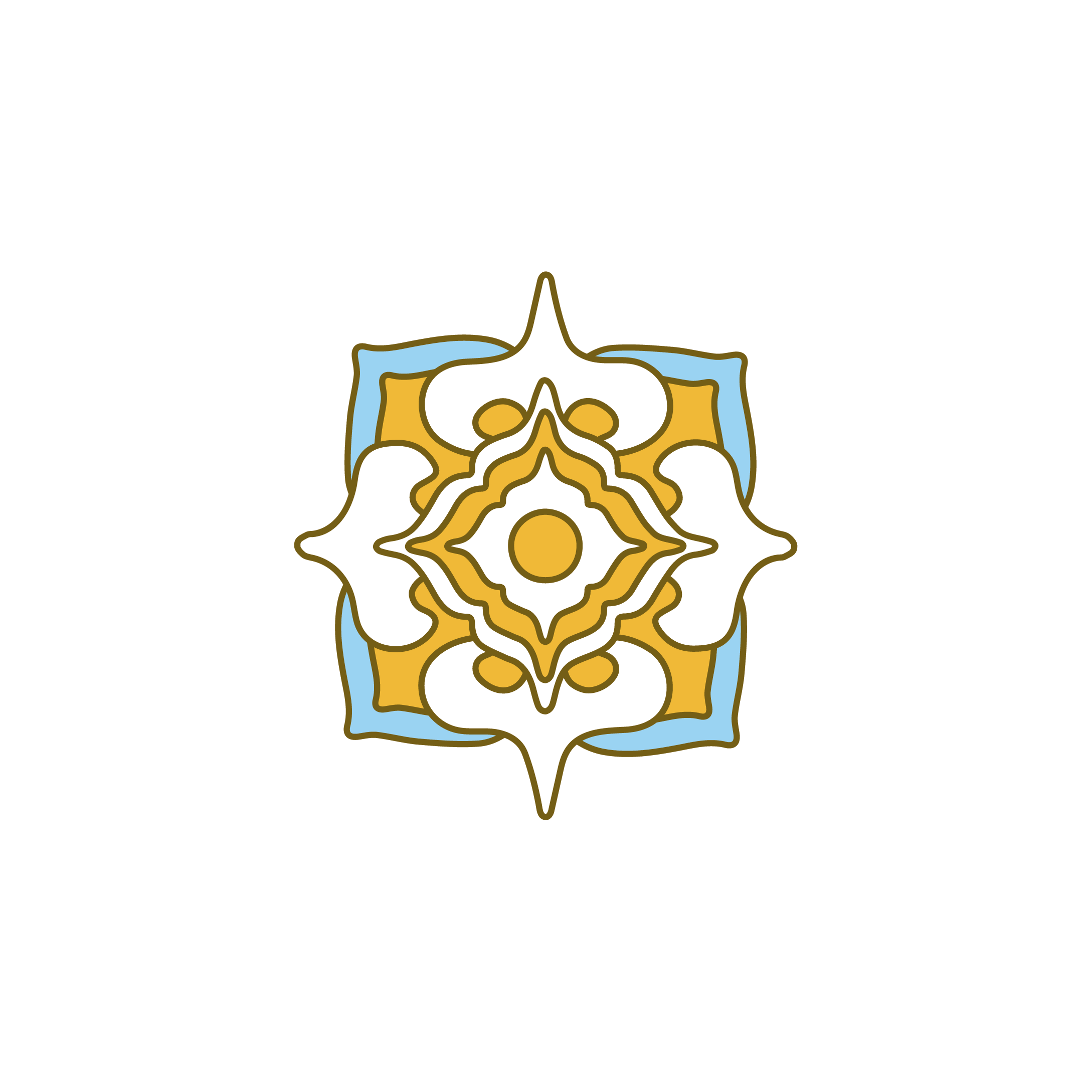 Ornate stencil design featuring yellow, blue, and white colors, arranged in a symmetrical pattern with a central circle, perfect for decorative painting.