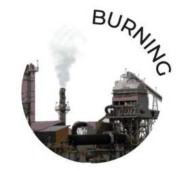 Industrial facility emitting smoke with the word "Burning" above in a circular logo design.