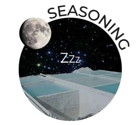 Illustration of seasoning process for lime-based materials by specialty contractors, symbolized with a moon and nighttime scene.